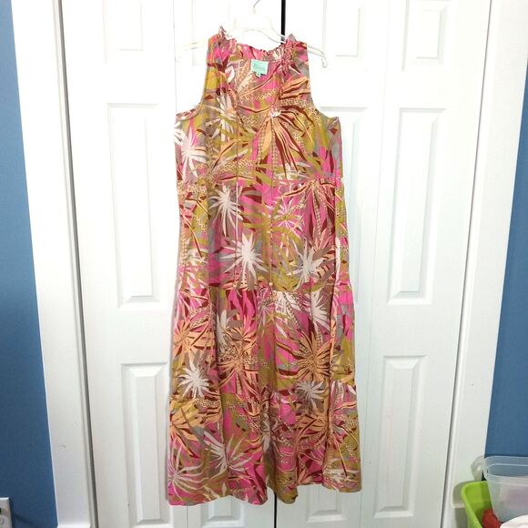True Destinations Size XL Tiered Maxi Dress Sleeveless Pink Tropical Print - Picture 1 of 10